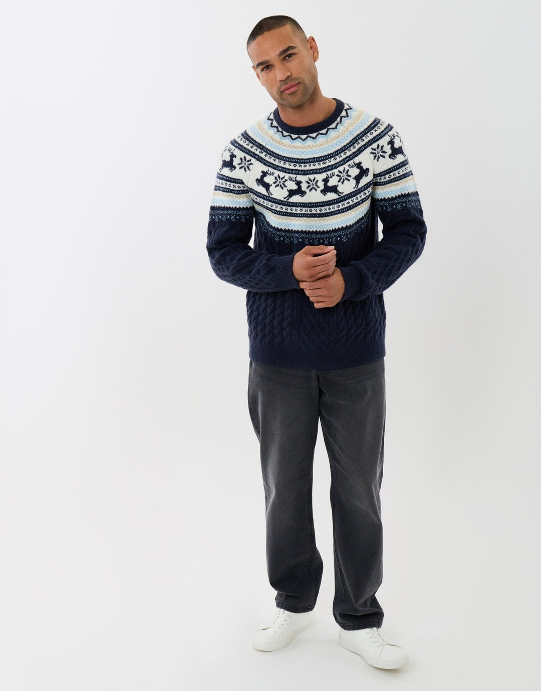 Men's Christmas Jumper Fair Isle Reindeer Yoke Cable Knit in Navy