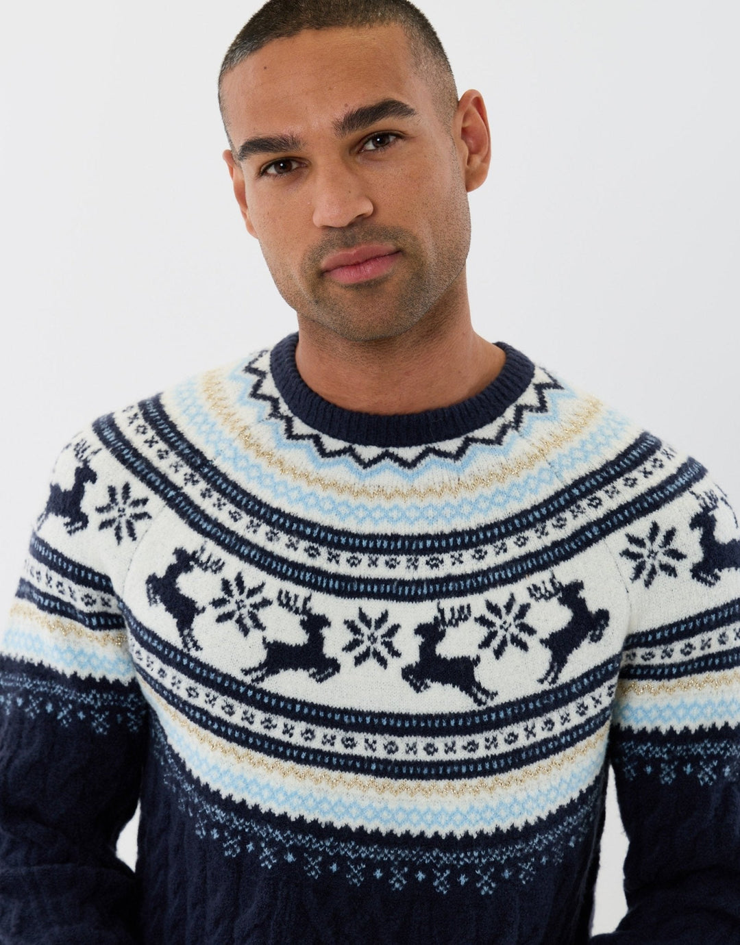 Men's Christmas Jumper Fair Isle Reindeer Yoke Cable Knit in Navy