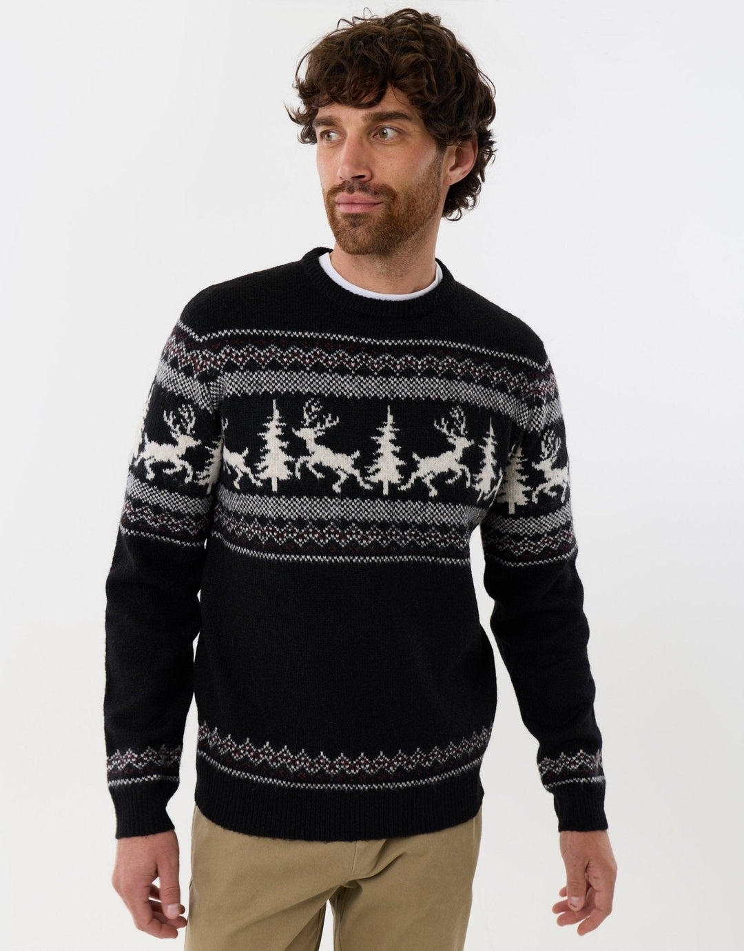 Men's Christmas Jumper Fair Isle Reindeer Crew Neck in Black