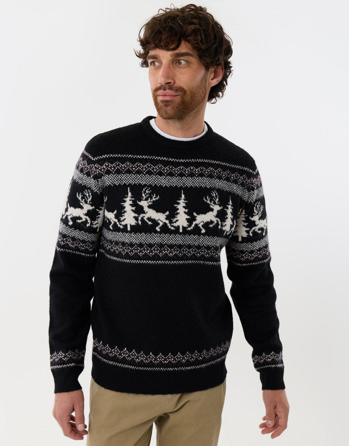 Men's Christmas Jumper Fair Isle Reindeer Crew Neck in Black