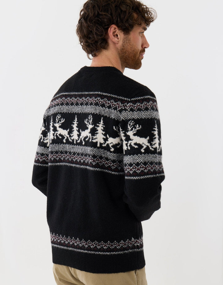 Men's Christmas Jumper Fair Isle Reindeer Crew Neck in Black