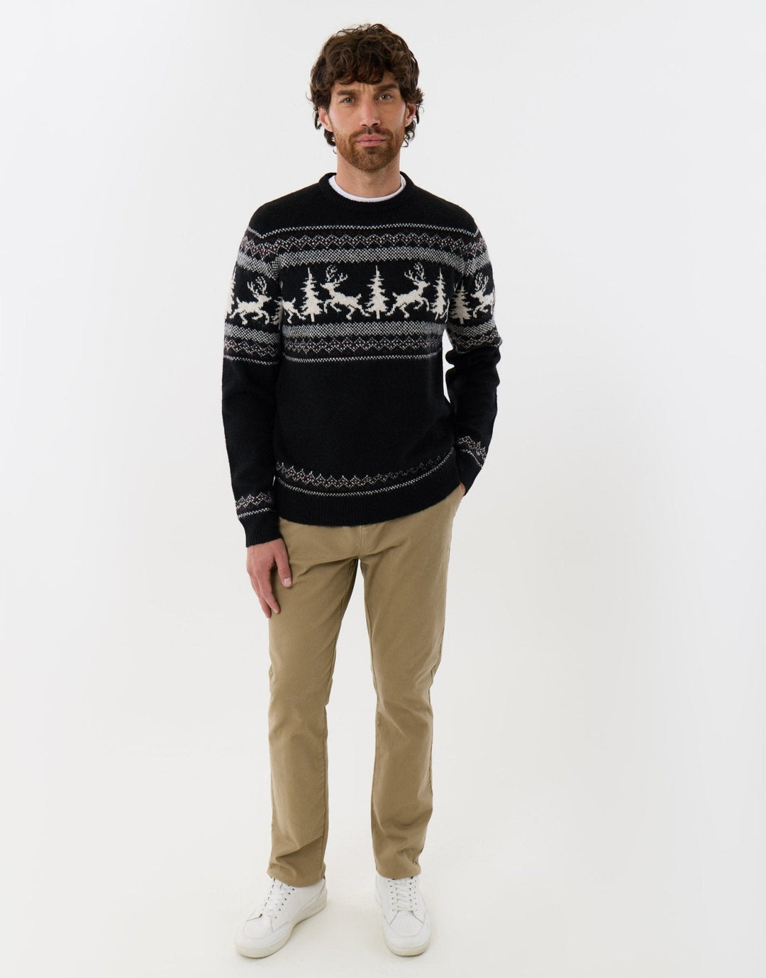Men's Christmas Jumper Fair Isle Reindeer Crew Neck in Black