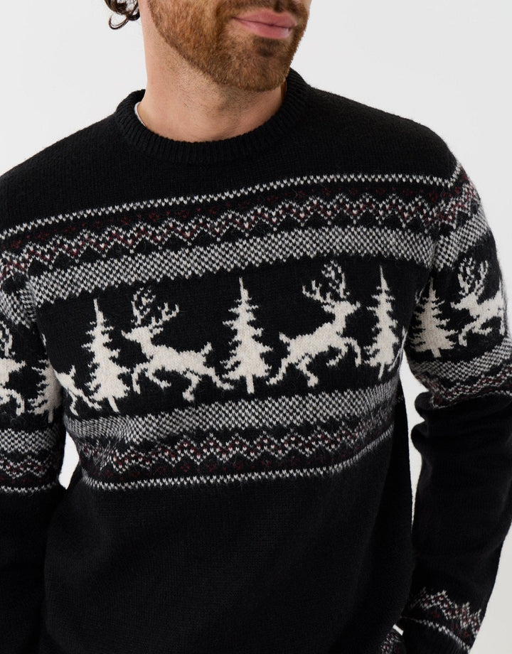Men's Christmas Jumper Fair Isle Reindeer Crew Neck in Black