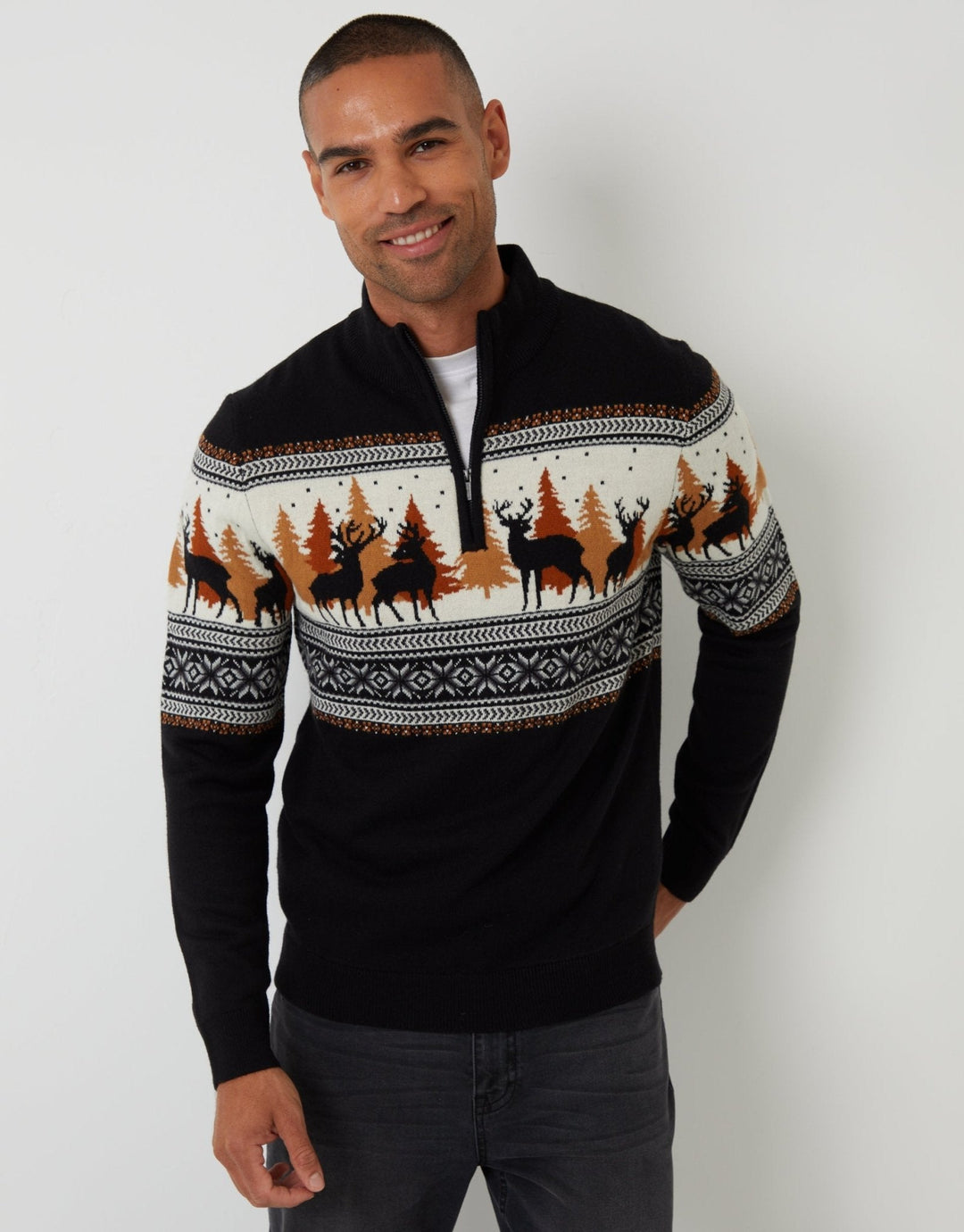 Men's Christmas Jumper Fair Isle Reindeer Forest Quarter Zip