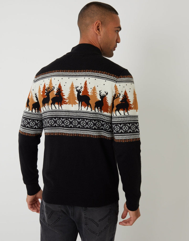 Men's Christmas Jumper Fair Isle Reindeer Forest Quarter Zip