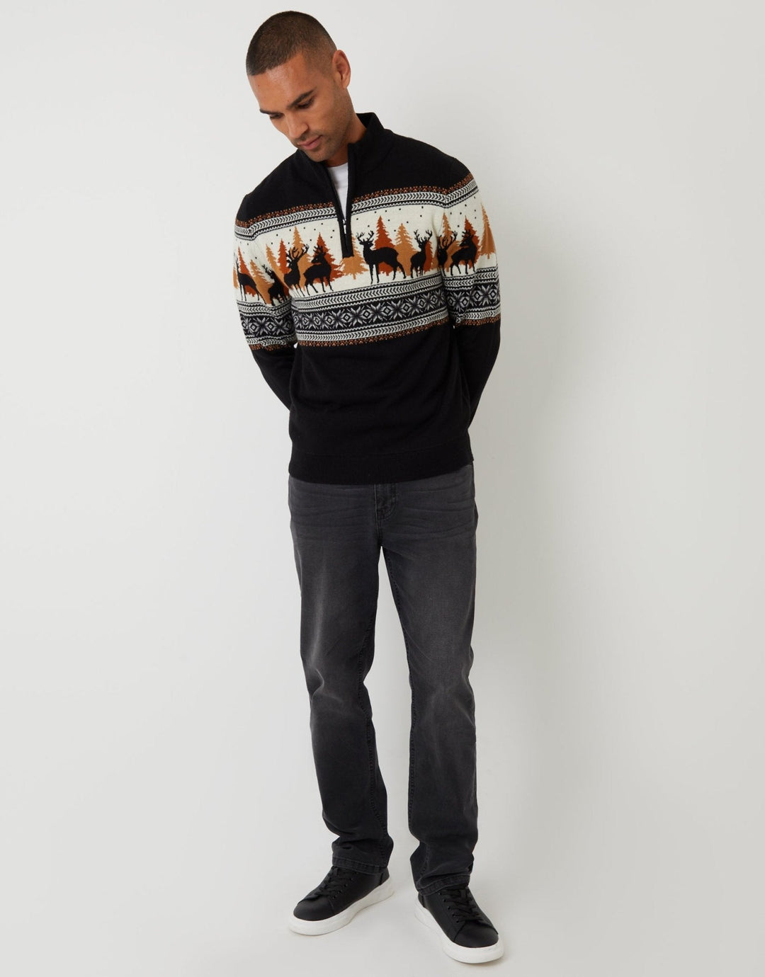 Men's Christmas Jumper Fair Isle Reindeer Forest Quarter Zip
