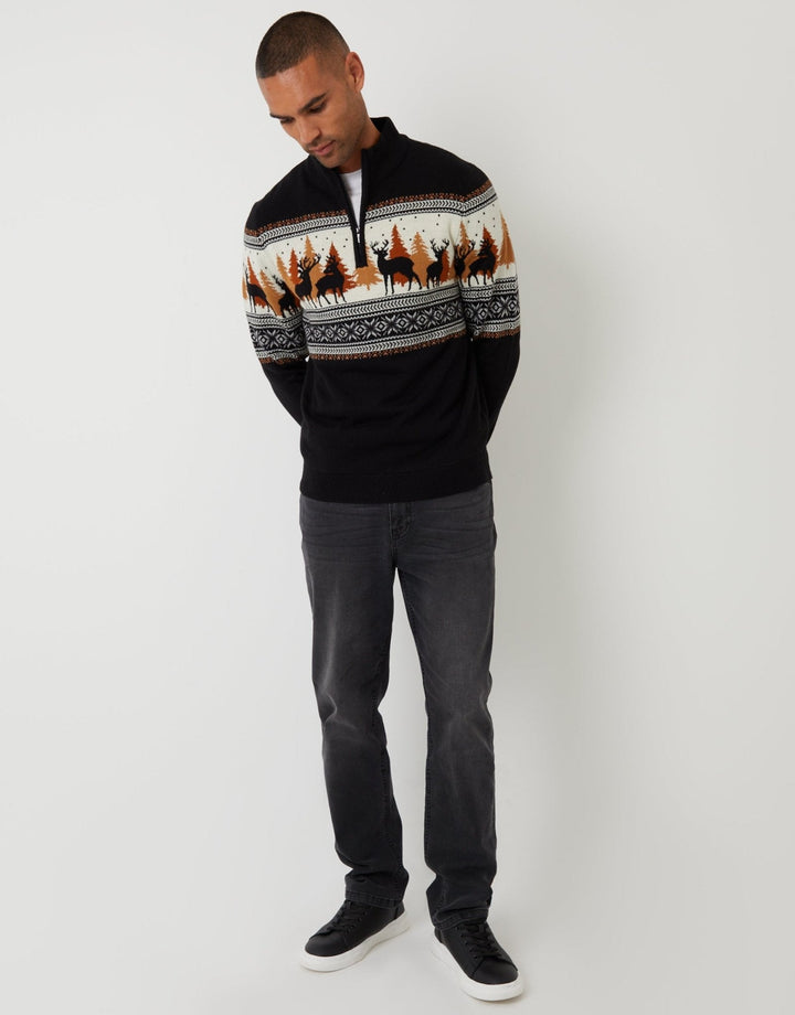 Men's Christmas Jumper Fair Isle Reindeer Forest Quarter Zip
