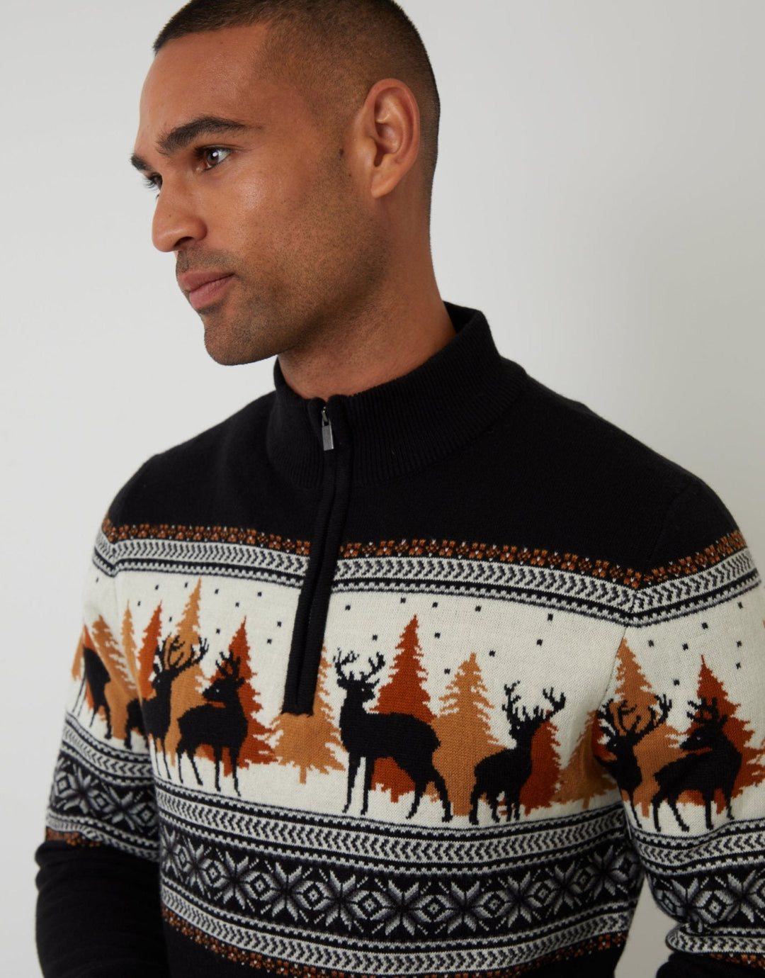 Men's Christmas Jumper Fair Isle Reindeer Forest Quarter Zip