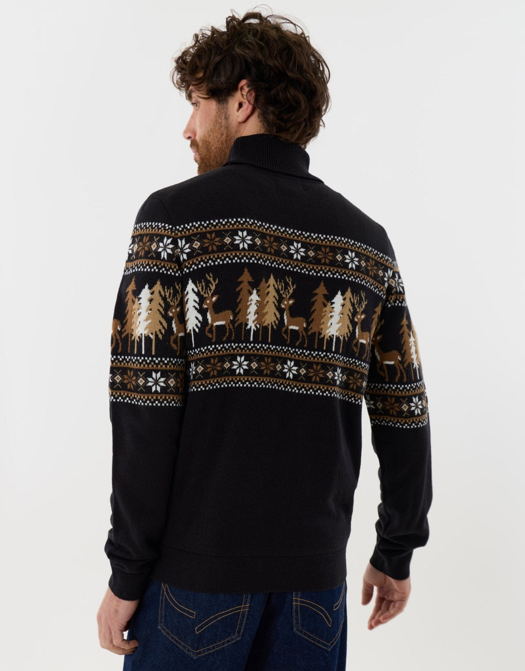 Men's Christmas Jumper Fair Isle Reindeer Forest Roll Neck