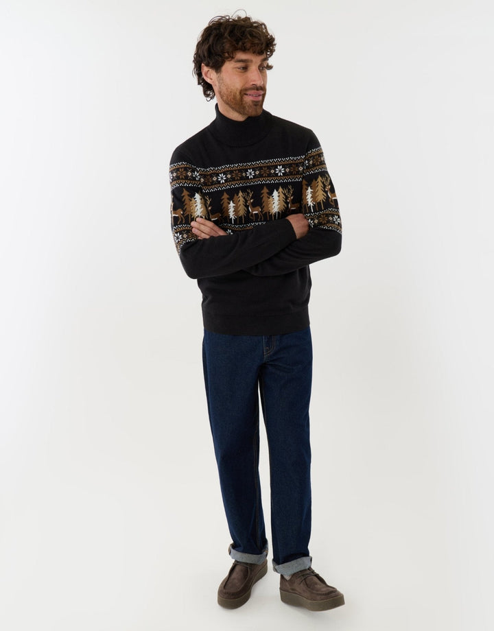 Men's Christmas Jumper Fair Isle Reindeer Forest Roll Neck