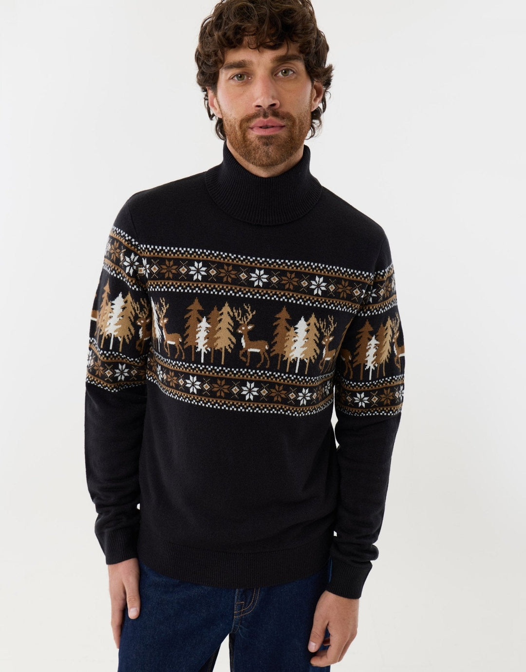 Men's Christmas Jumper Fair Isle Reindeer Forest Roll Neck
