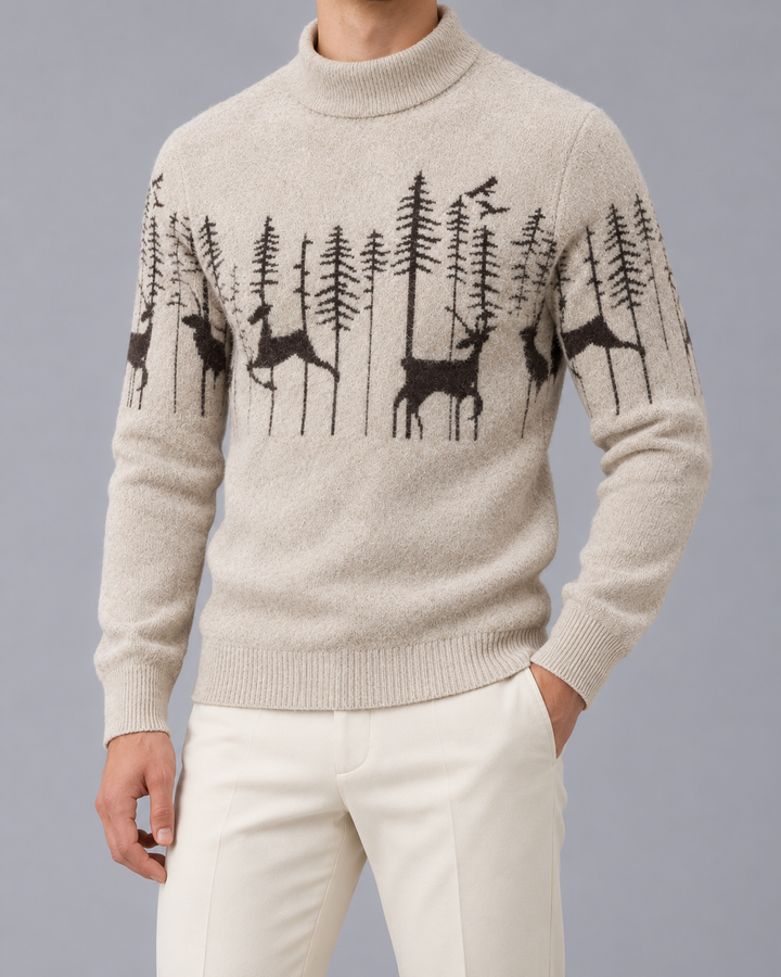 Men's Christmas Jumper Reindeer Forest Mock Neck