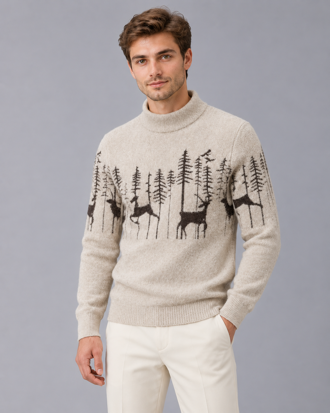 Men's Christmas Jumper Reindeer Forest Mock Neck