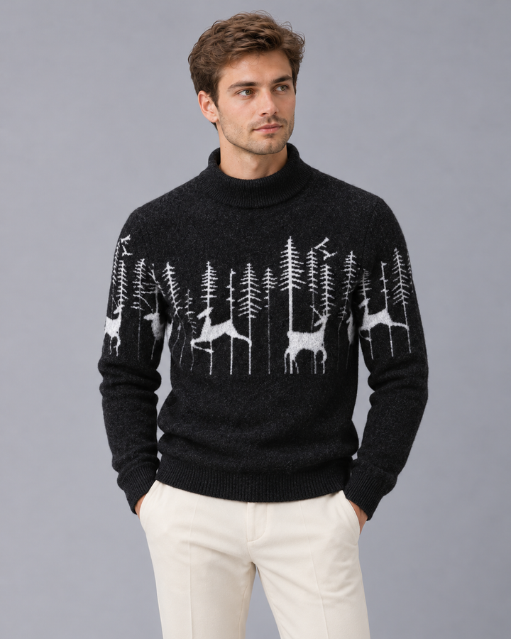 Men's Christmas Jumper Reindeer Forest Mock Neck