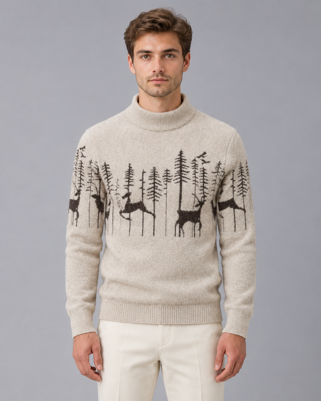 Men's Christmas Jumper Reindeer Forest Mock Neck