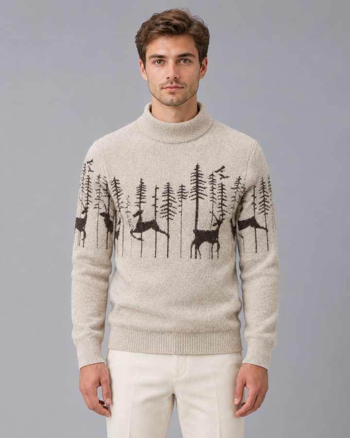 Men's Christmas Jumper Reindeer Forest Mock Neck