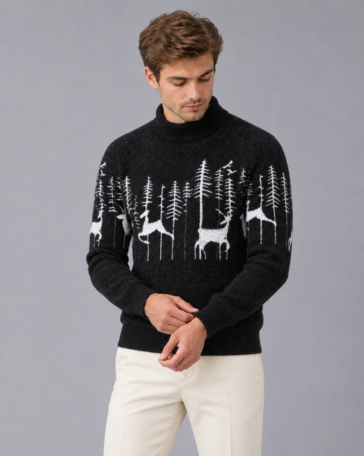 Men's Christmas Jumper Reindeer Forest Mock Neck