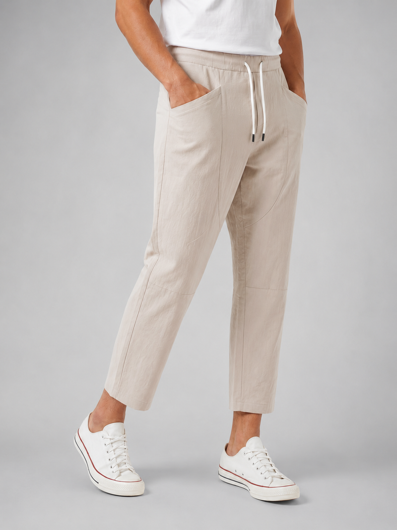 Men's Relaxed Cropped Drawstring Trousers in Beige