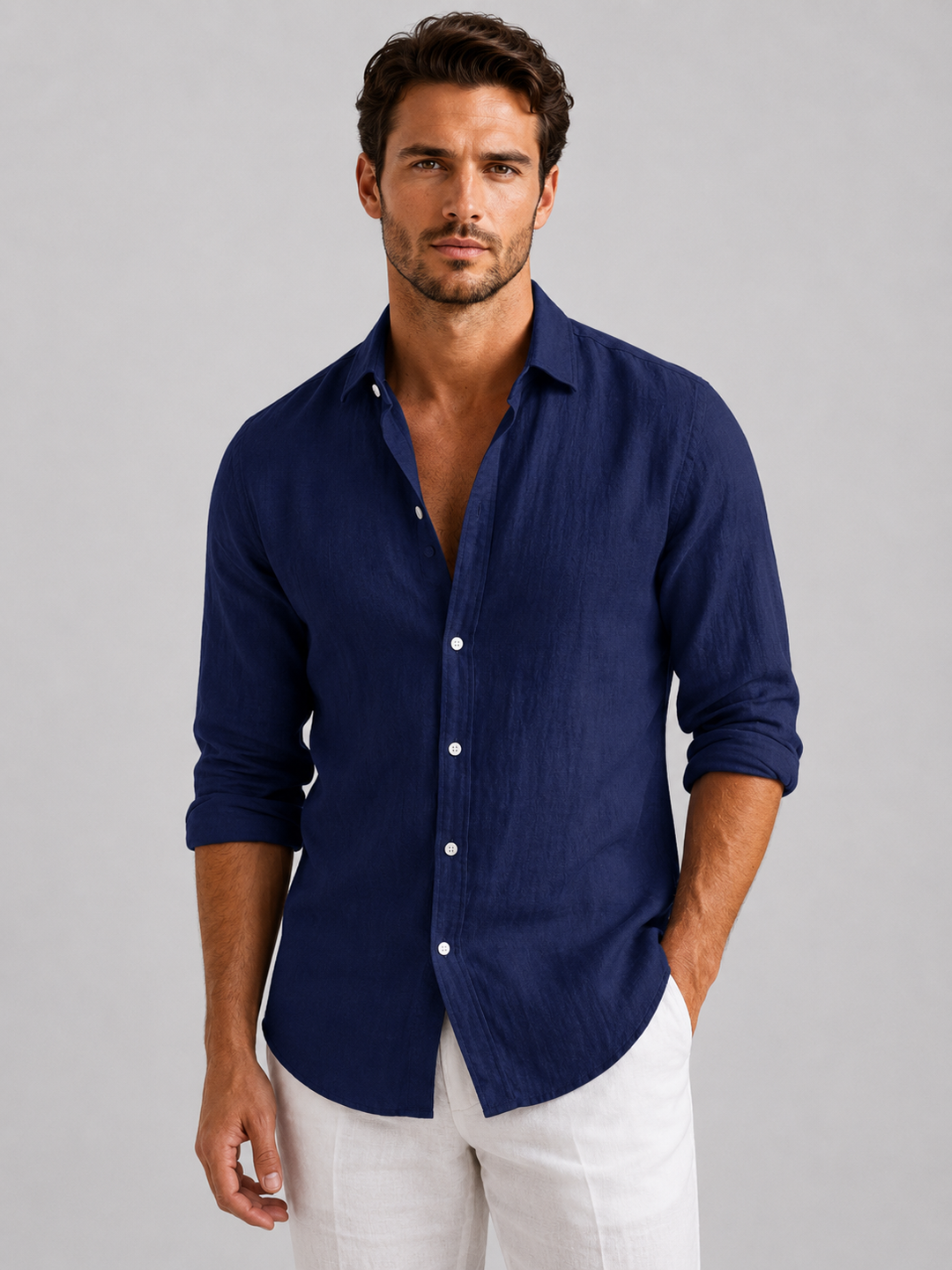 Men's Relaxed-Fit Linen-Look Button-Up Shirt