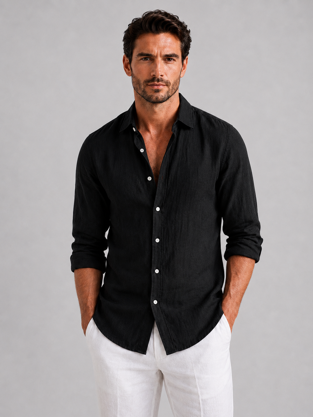 Men's Relaxed-Fit Linen-Look Button-Up Shirt