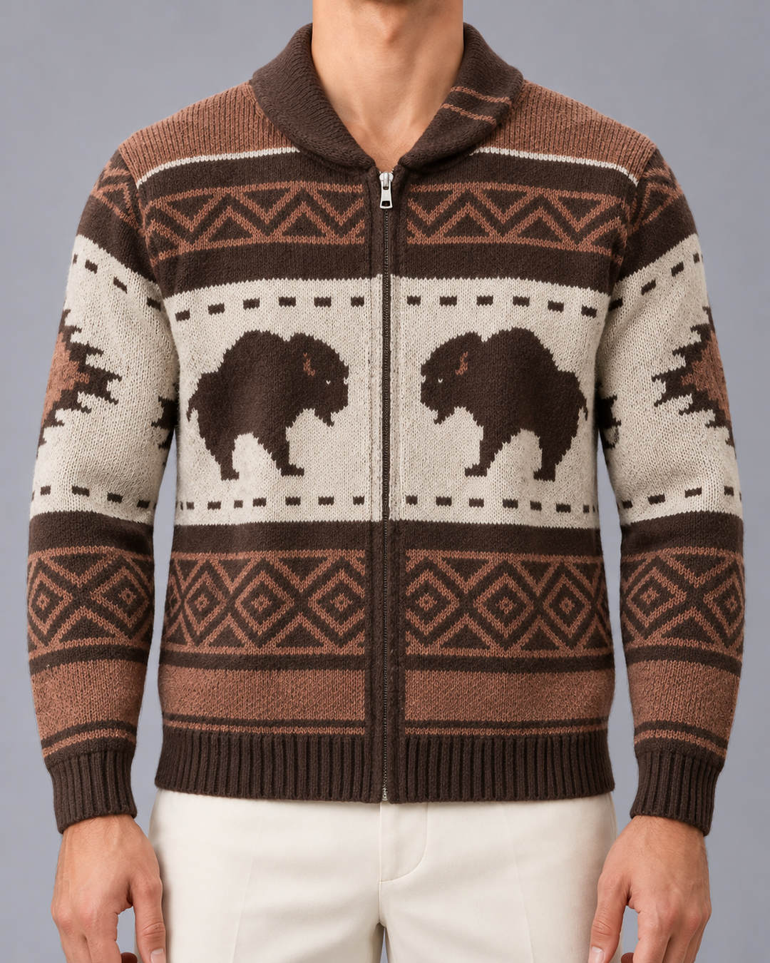 Men's Christmas Cardigan Buffalo Shawl Collar Zip Through