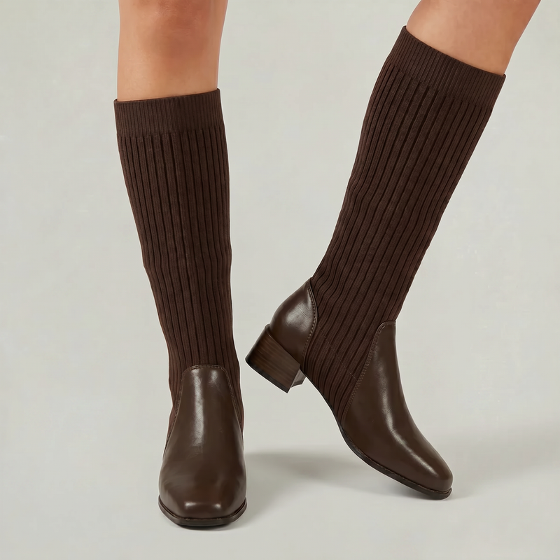 Women's Ribbed Knit Block Heel Knee-High Boots