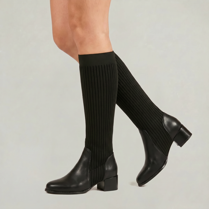 Women's Ribbed Knit Block Heel Knee-High Boots