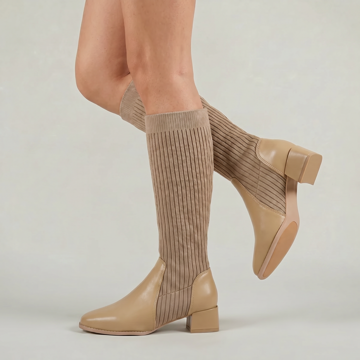 Women's Ribbed Knit Block Heel Knee-High Boots