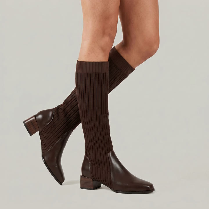 Women's Ribbed Knit Block Heel Knee-High Boots