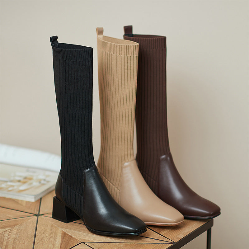 Women's Ribbed Knit Block Heel Knee-High Boots