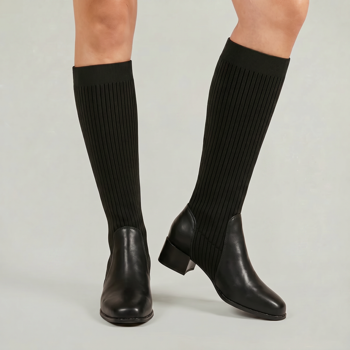Women's Ribbed Knit Block Heel Knee-High Boots