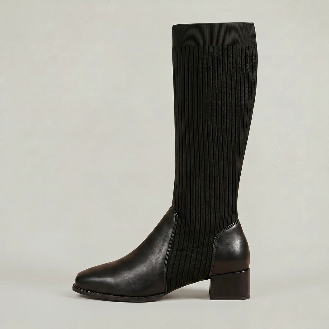 Women's Ribbed Knit Block Heel Knee-High Boots