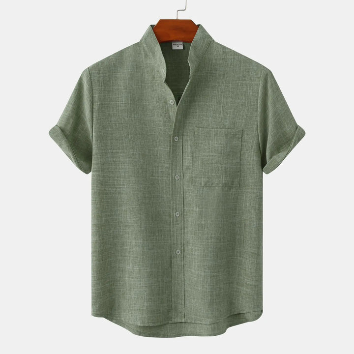 Men's Short-Sleeve Band Collar Shirt with Chest Pocket