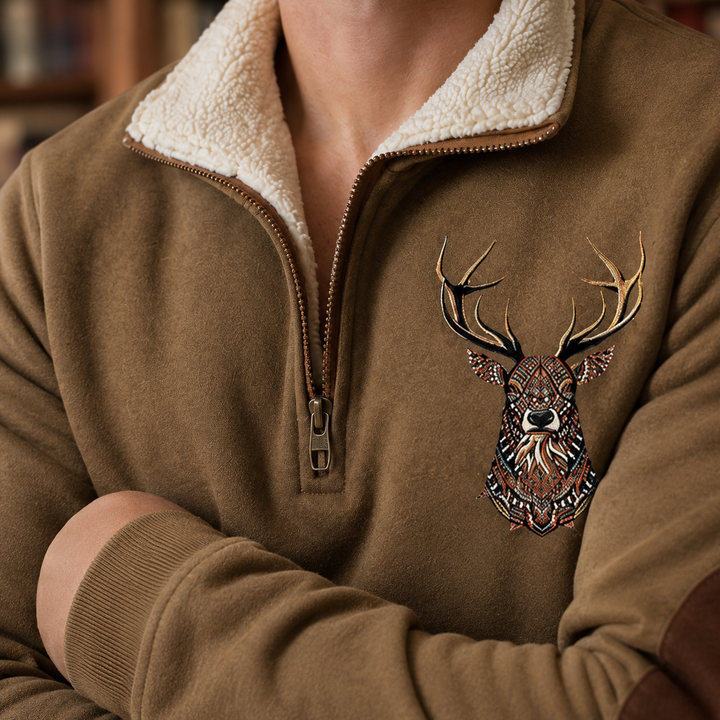 Men's Stag Motif Quarter-Zip Jumper