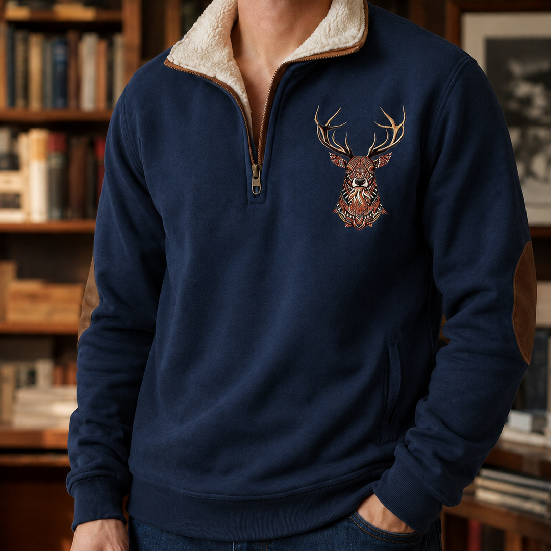 Men's Stag Motif Quarter-Zip Jumper
