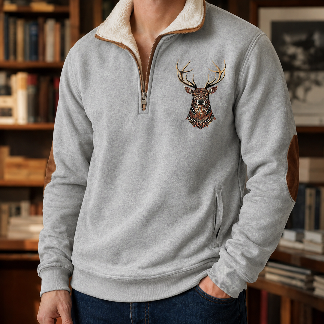 Men's Stag Motif Quarter-Zip Jumper