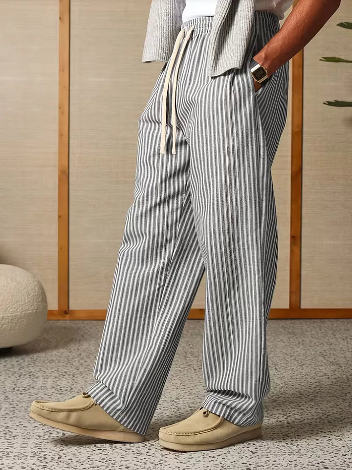 Men's Striped Relaxed Wide-Leg Trousers with Drawstring Waist