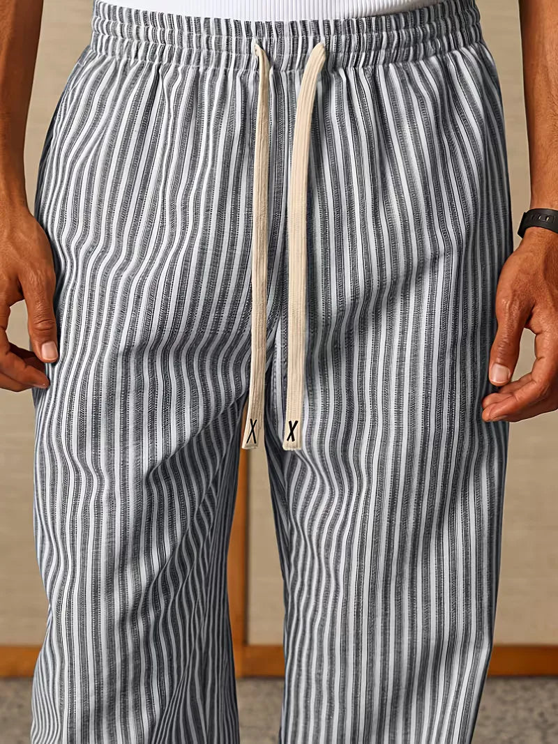 Men's Striped Relaxed Wide-Leg Trousers with Drawstring Waist