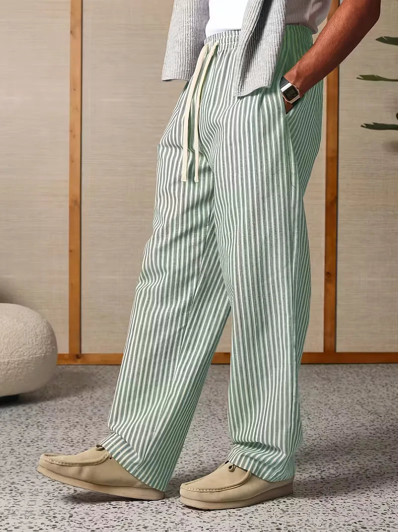 Men's Striped Relaxed Wide-Leg Trousers with Drawstring Waist