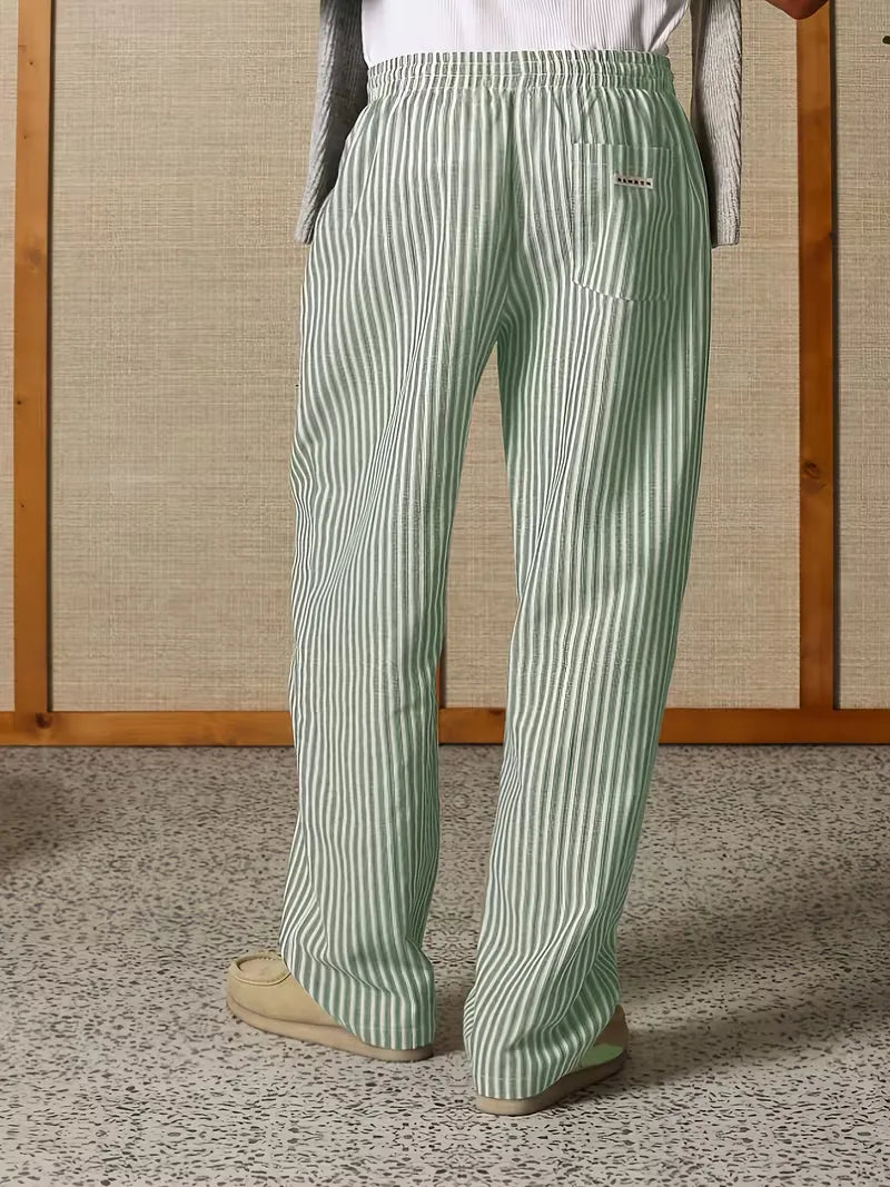 Men's Striped Relaxed Wide-Leg Trousers with Drawstring Waist