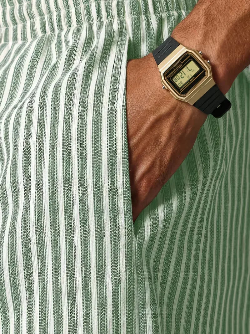 Men's Striped Relaxed Wide-Leg Trousers with Drawstring Waist