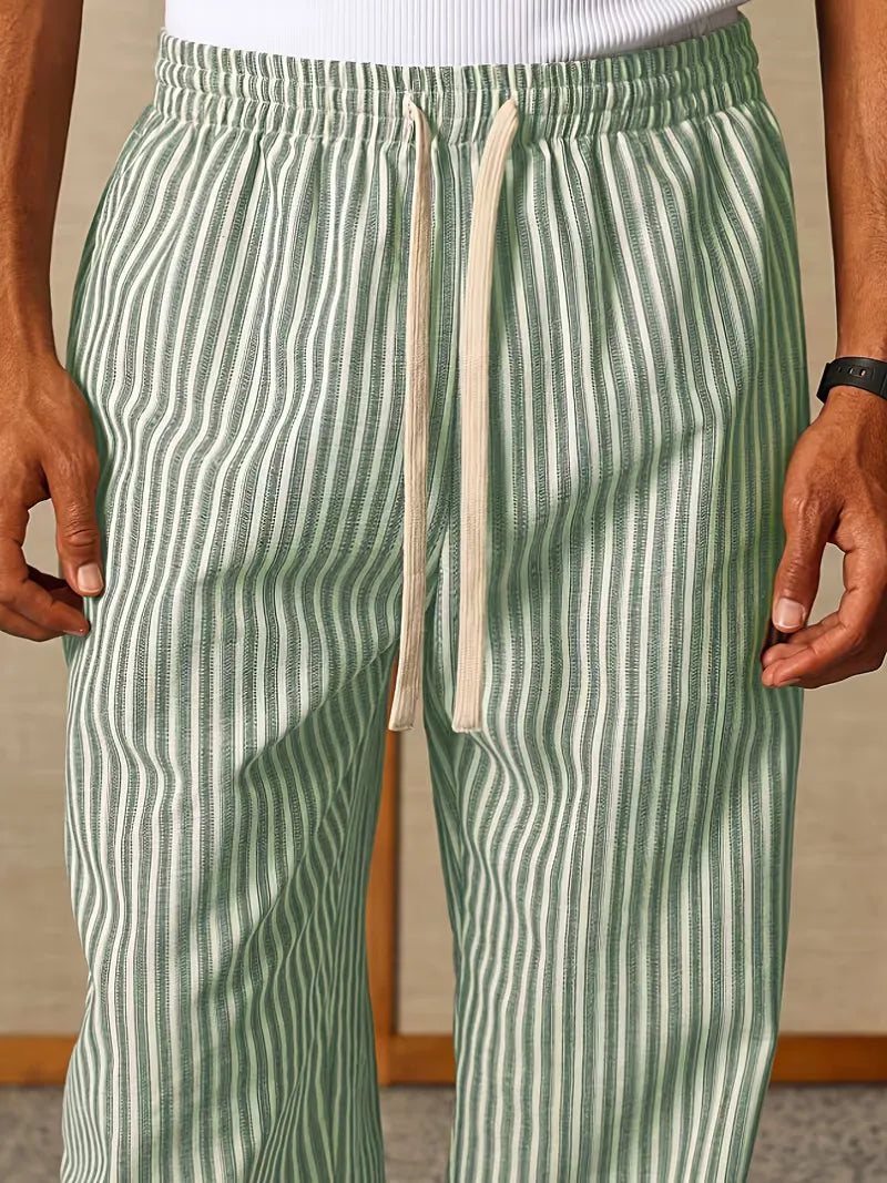Men's Striped Relaxed Wide-Leg Trousers with Drawstring Waist