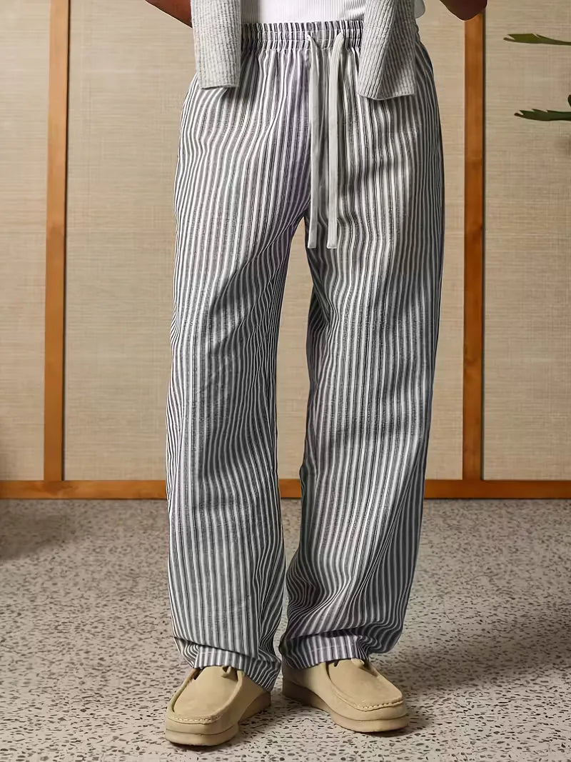 Men's Striped Relaxed Wide-Leg Trousers with Drawstring Waist