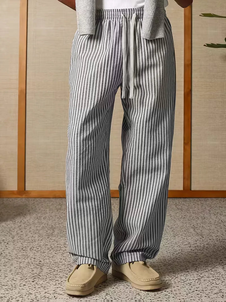 Men's Striped Relaxed Wide-Leg Trousers with Drawstring Waist