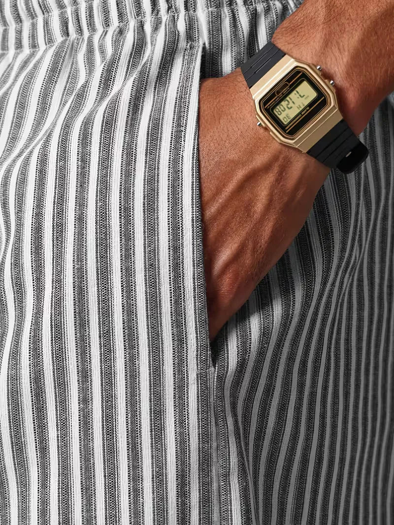 Men's Striped Relaxed Wide-Leg Trousers with Drawstring Waist