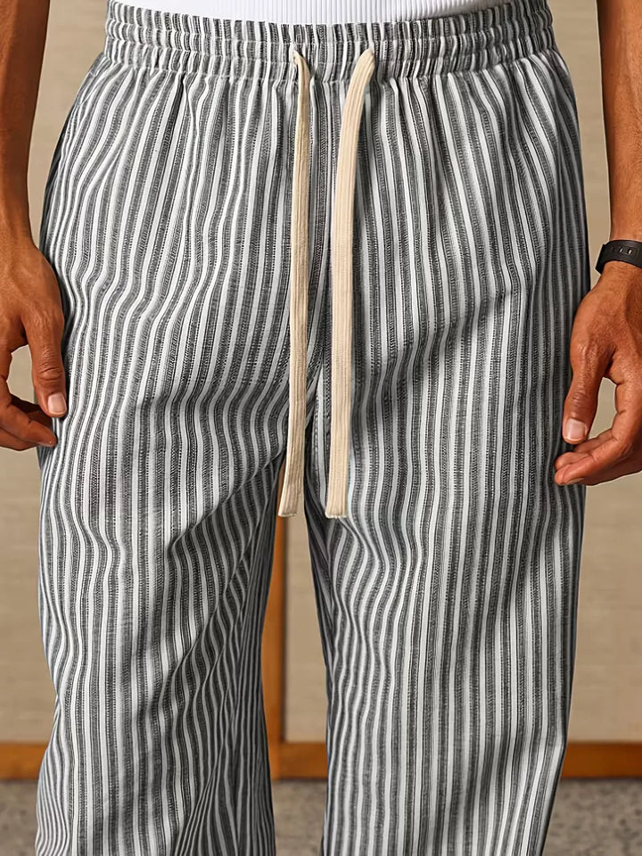 Men's Striped Relaxed Wide-Leg Trousers with Drawstring Waist