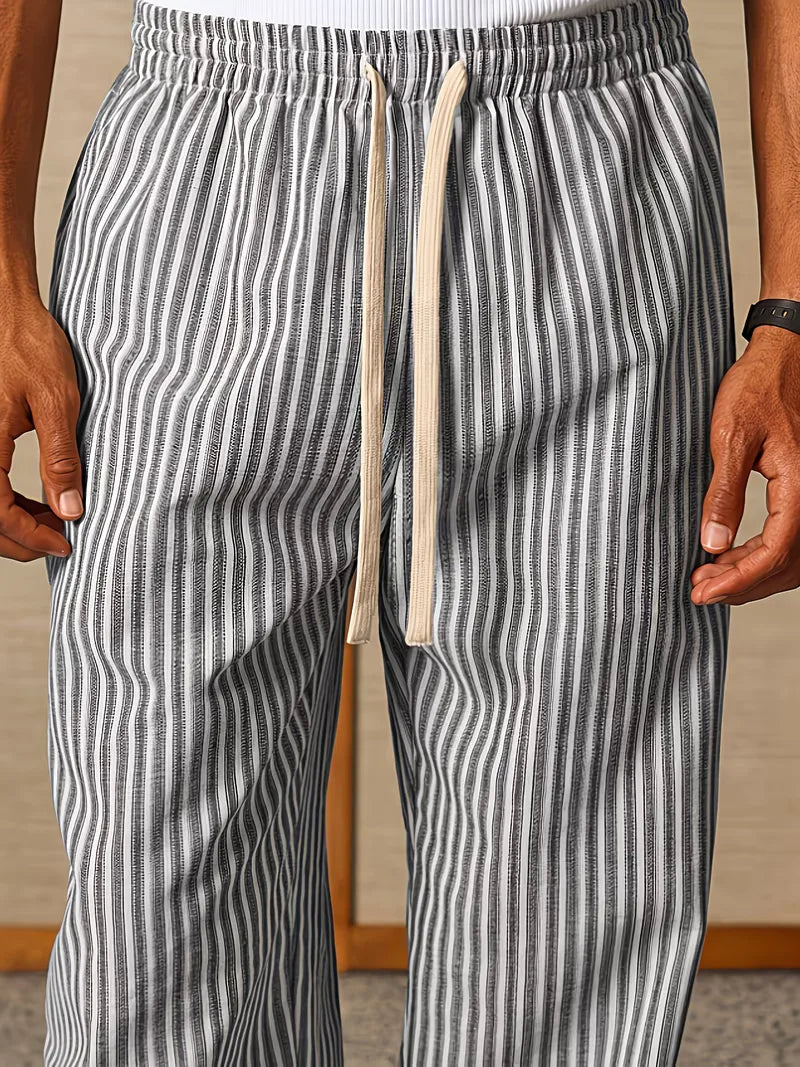 Men's Striped Relaxed Wide-Leg Trousers with Drawstring Waist