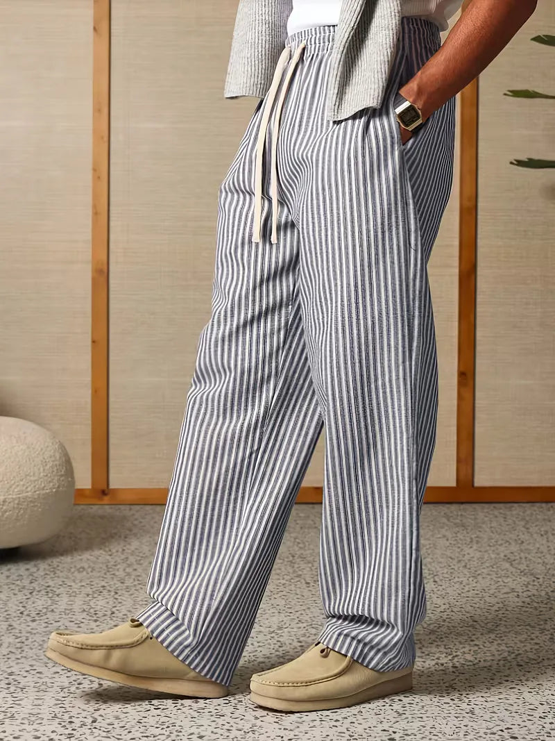Men's Striped Relaxed Wide-Leg Trousers with Drawstring Waist