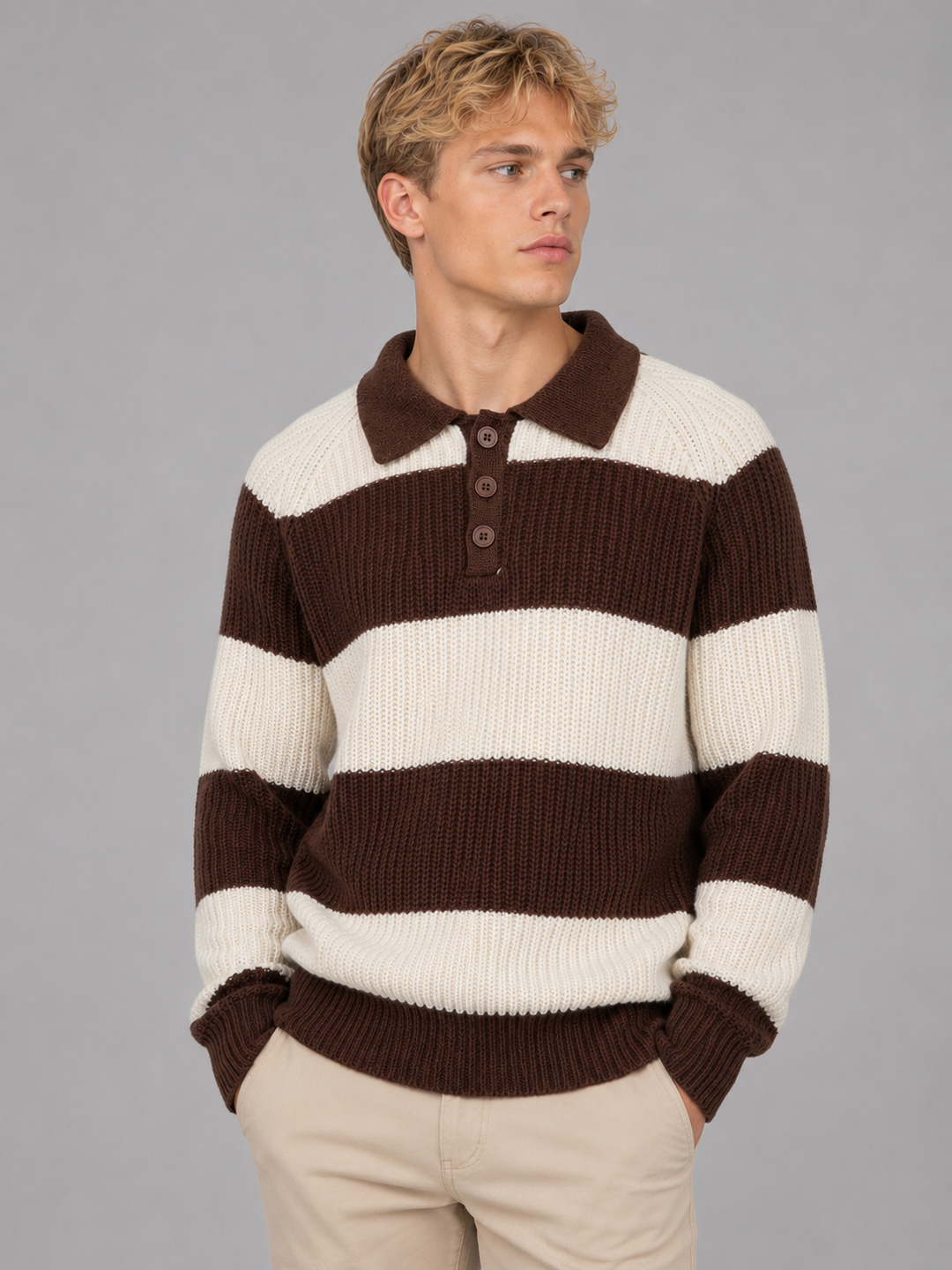 Men's Striped Ribbed Polo Sweater
