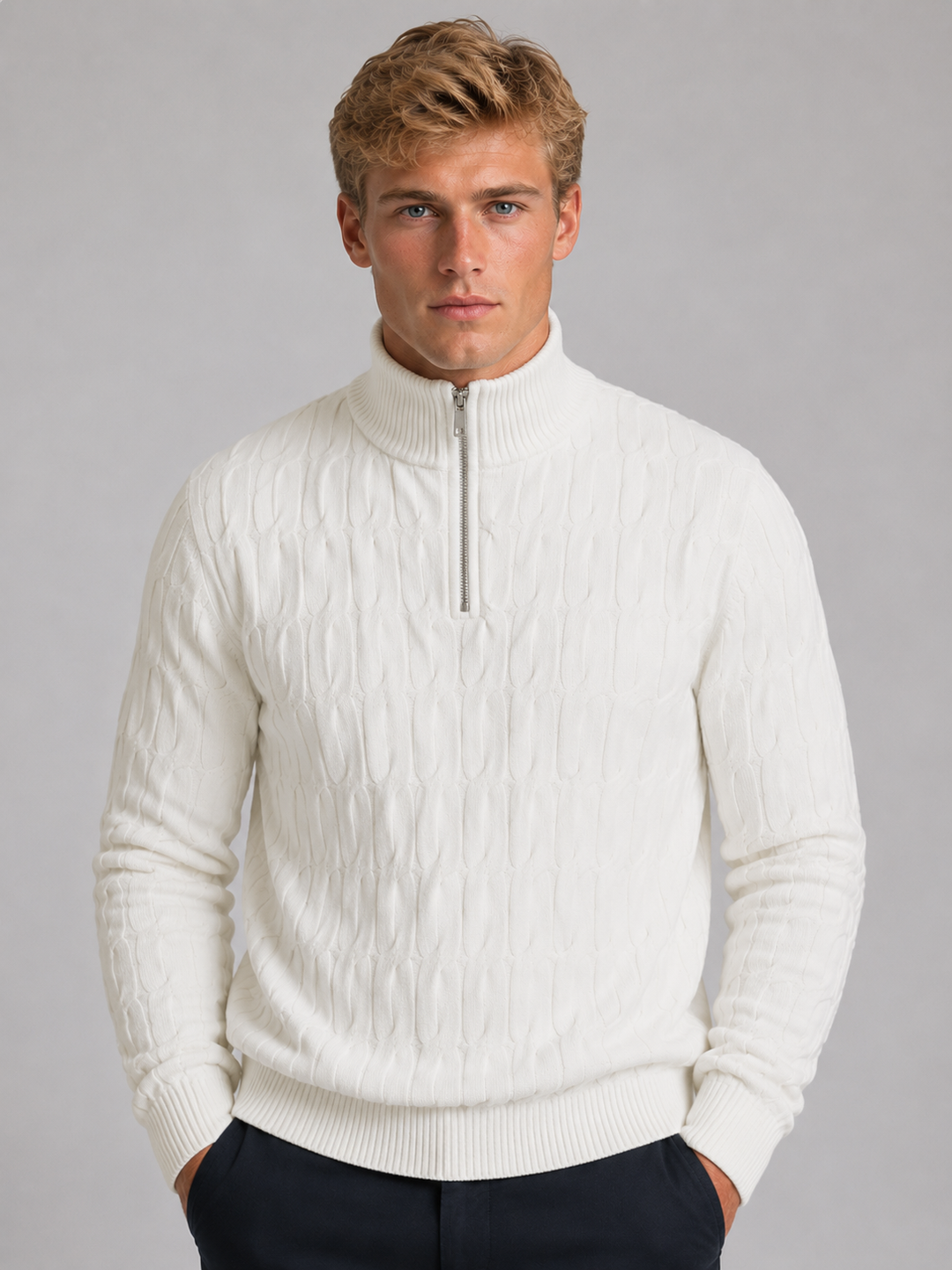 Men's Textured Quarter-Zip Funnel Neck Sweater